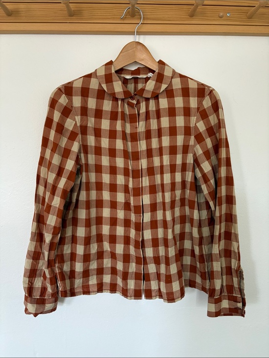 Toast Tops - TOAST Checkerboard Button-Front Women’s Top in Rust and Cream.